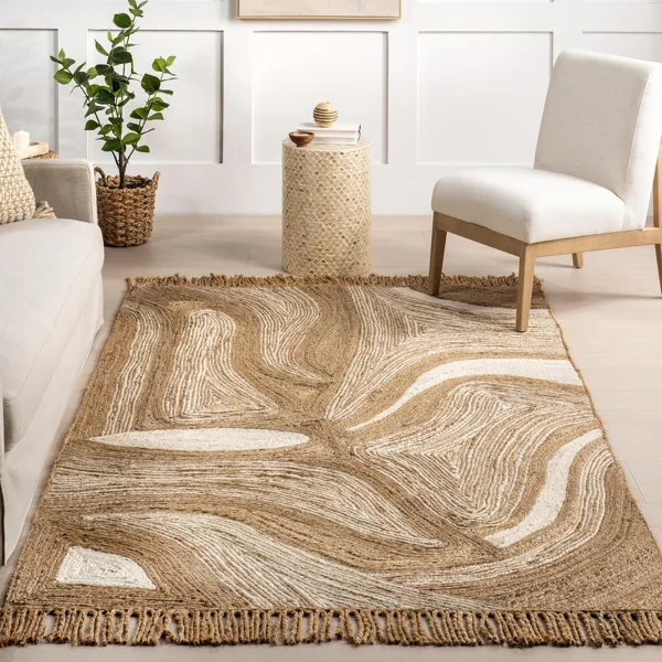 Abstract wavy jute rug with fringe