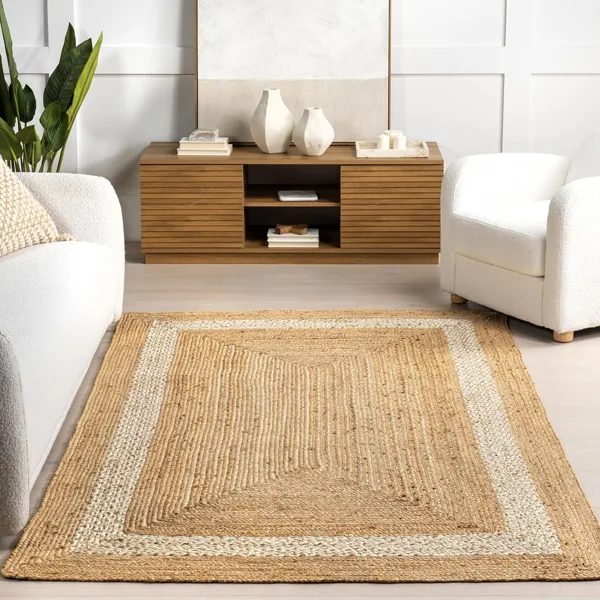 Bordered natural jute rug in living room