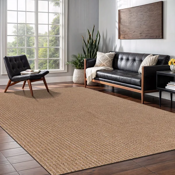 Natural tan jute rug in living room