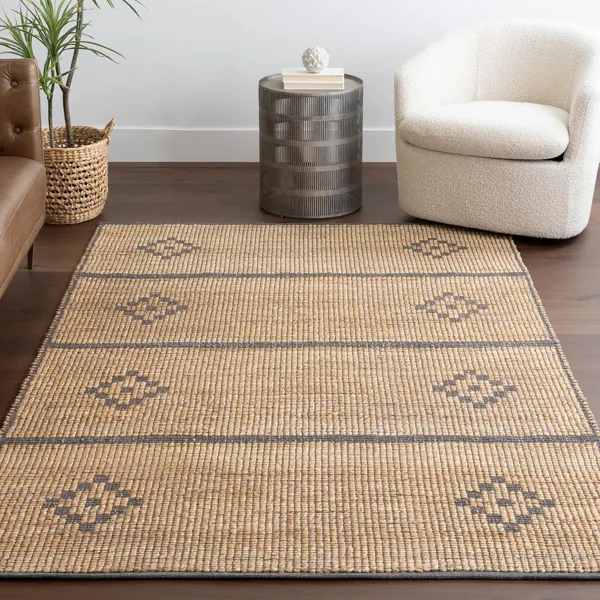 Patterned jute area rug in living Area