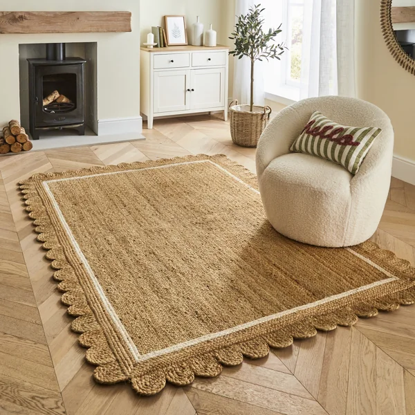 Scalloped natural jute rug in modern room