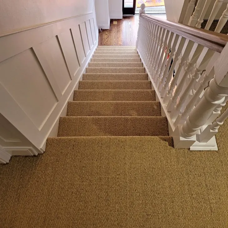 Natural beige sisal stair runner carpet installation