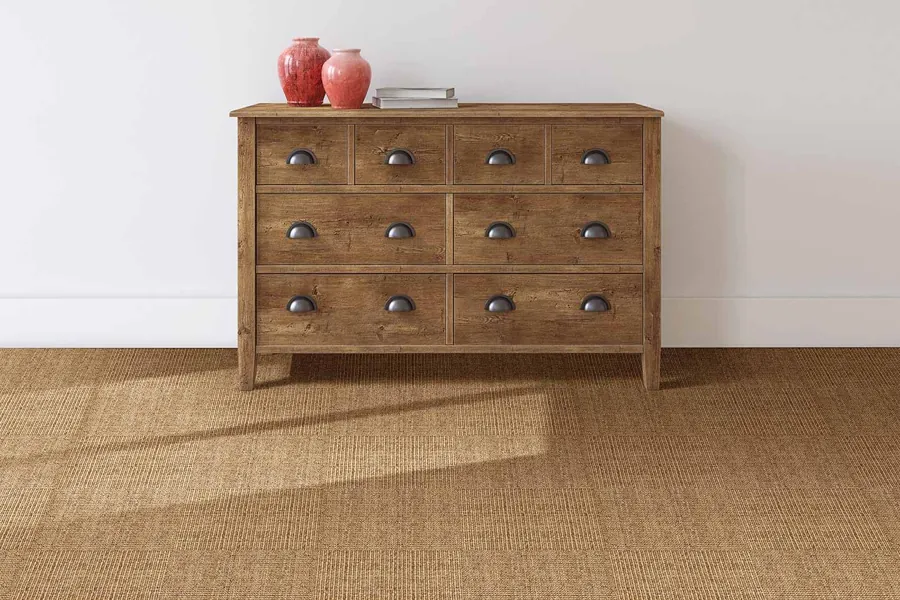 Natural textured sisal carpet wooden console room