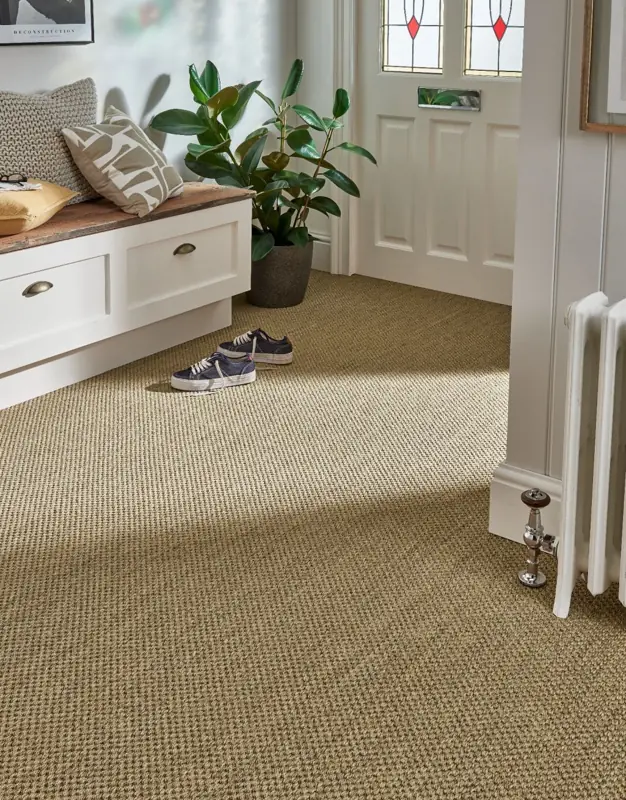 Natural woven sisal carpet entryway foyer area